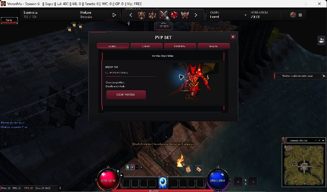 Lobby e navegação do sistema PvP Bet