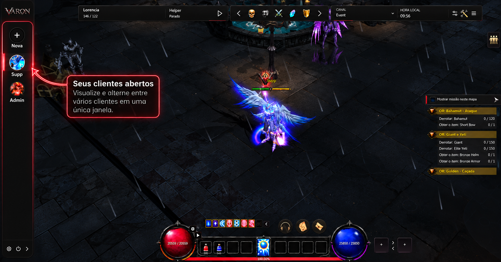 Launcher com barra lateral de sessões e informações do personagem